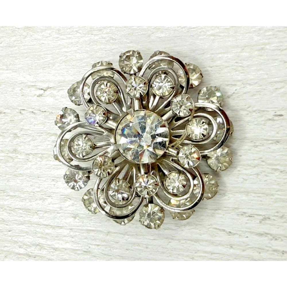 Vintage 1950s Rhinestone‎ Starburst Brooch Silver Tone Floral MCM Pin Crystal